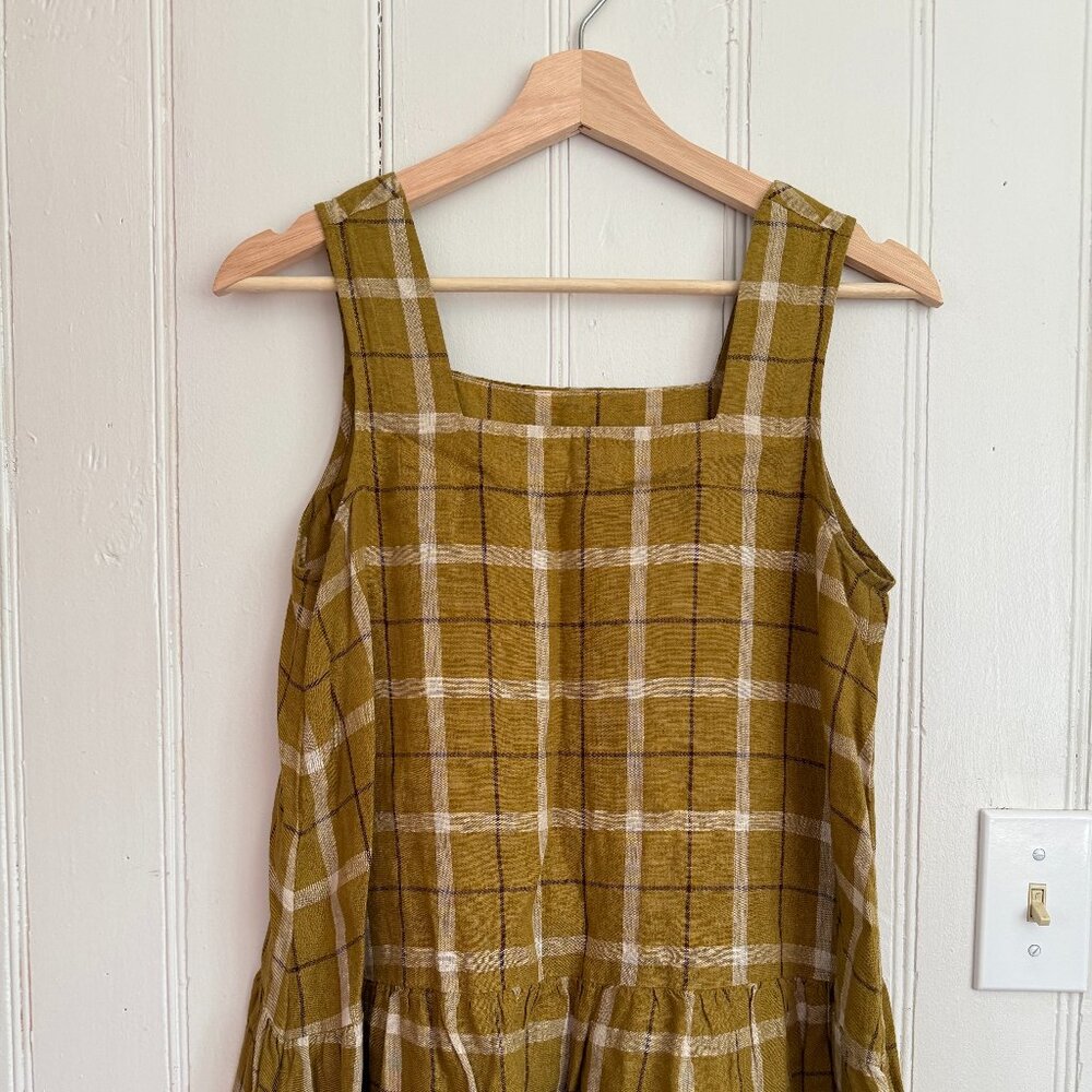 Women’s Sleeveless Plaid Linen Blend Dress in Mustard